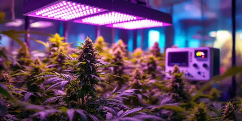 Cannabis plants under LED grow lights with tips to prevent light burn and ensure healthy development.