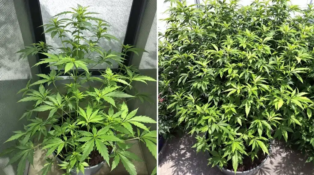 Grower pruning autoflowers by removing large fan leaves to improve light penetration and airflow.