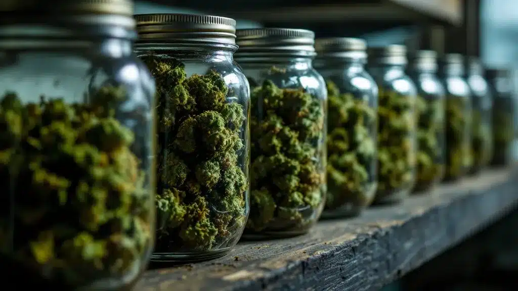 Curing jars with Bubblegum and Banana Kush strains stored correctly to illustrate how to raise humidity in a curing jar.