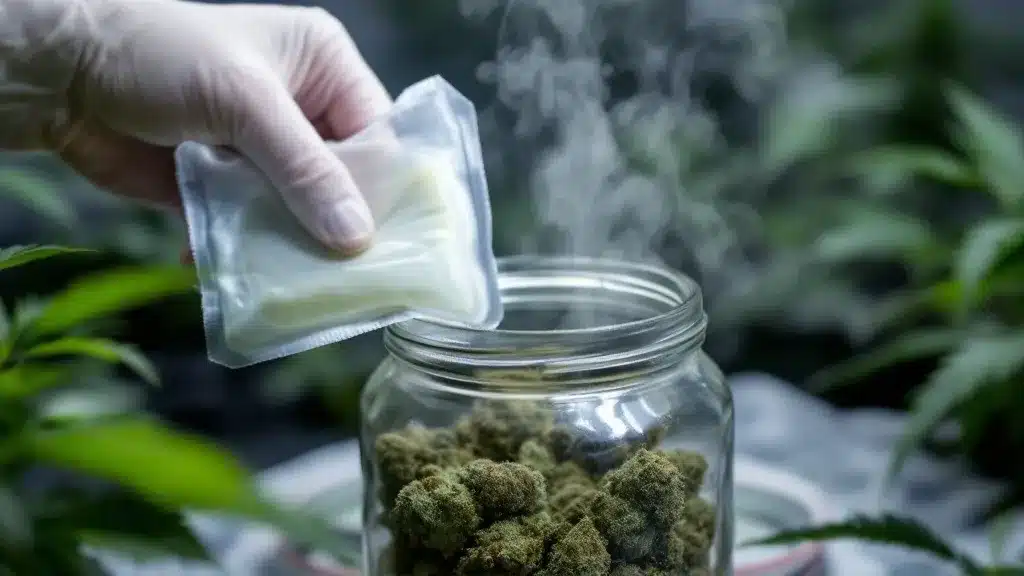 Grower placing a humidity pack in a curing jar to maintain proper levels and show how to raise humidity in a curing jar.