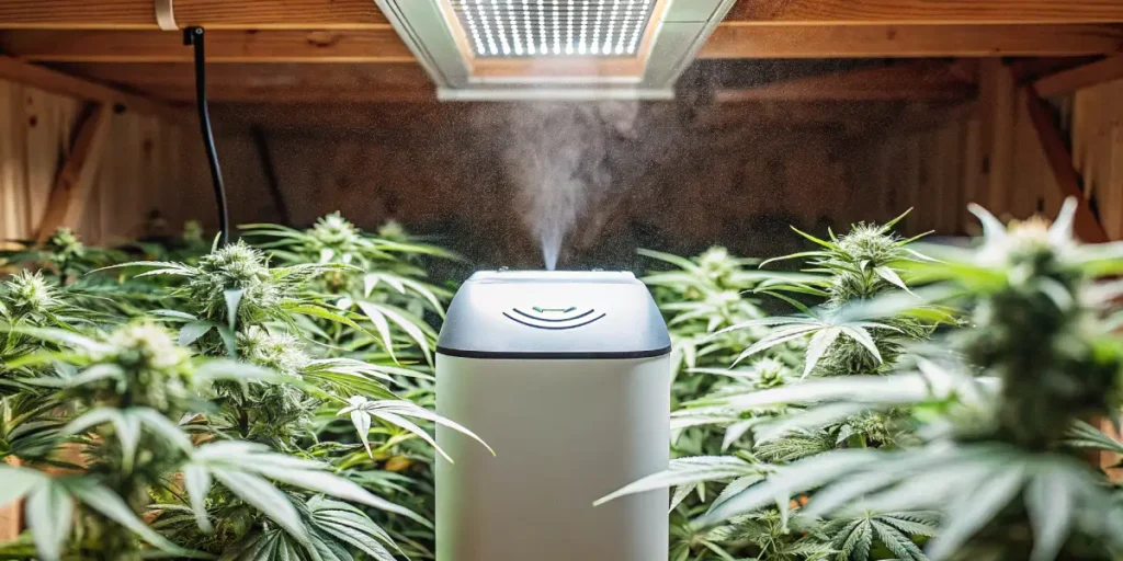 Hyper-realistic indoor cannabis grow room: humidifier emitting mist among lush cannabis plants under bright overhead light.