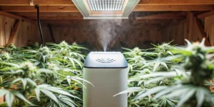 Hyper-realistic indoor cannabis grow room: humidifier emitting mist among lush cannabis plants under bright overhead light.