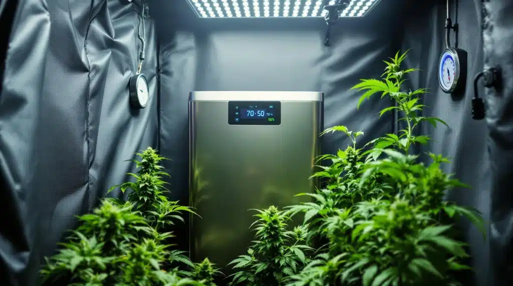 Cannabis grow tent with a humidity monitor reading 50% for ideal conditions