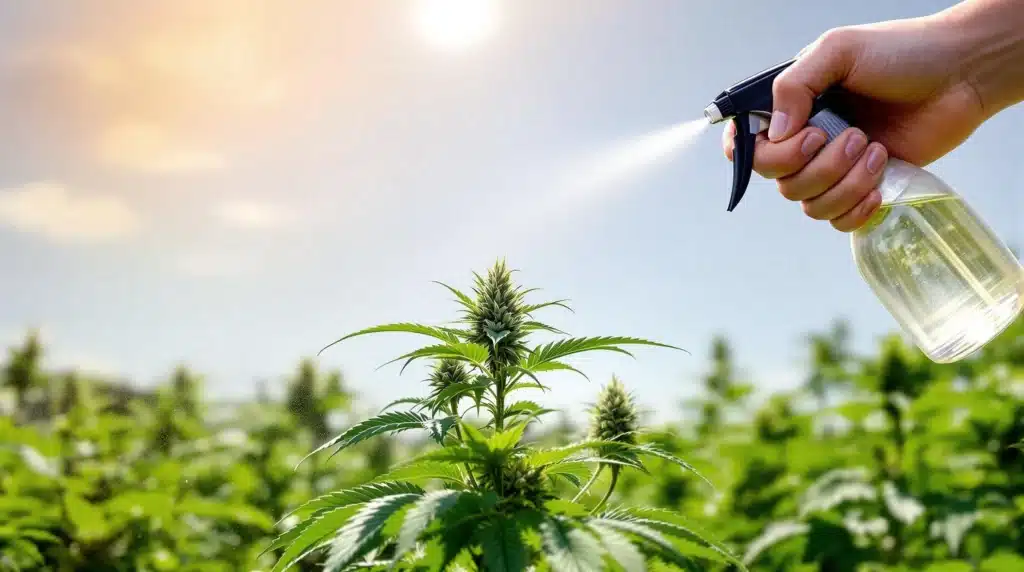 Outdoor cannabis plant treated with hydrogen peroxide spray for pest and mold control