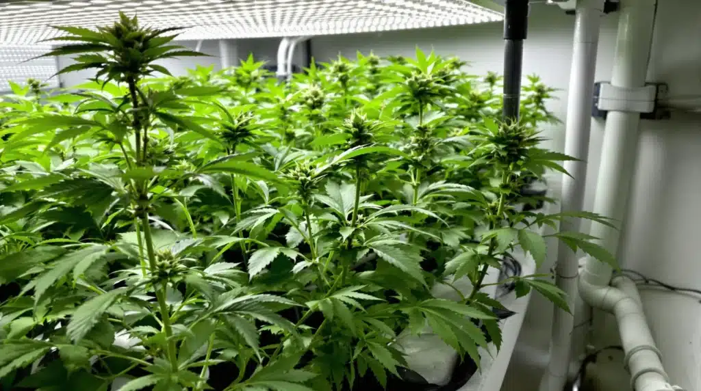 Hydroponics nutrient reservoir and system in action.