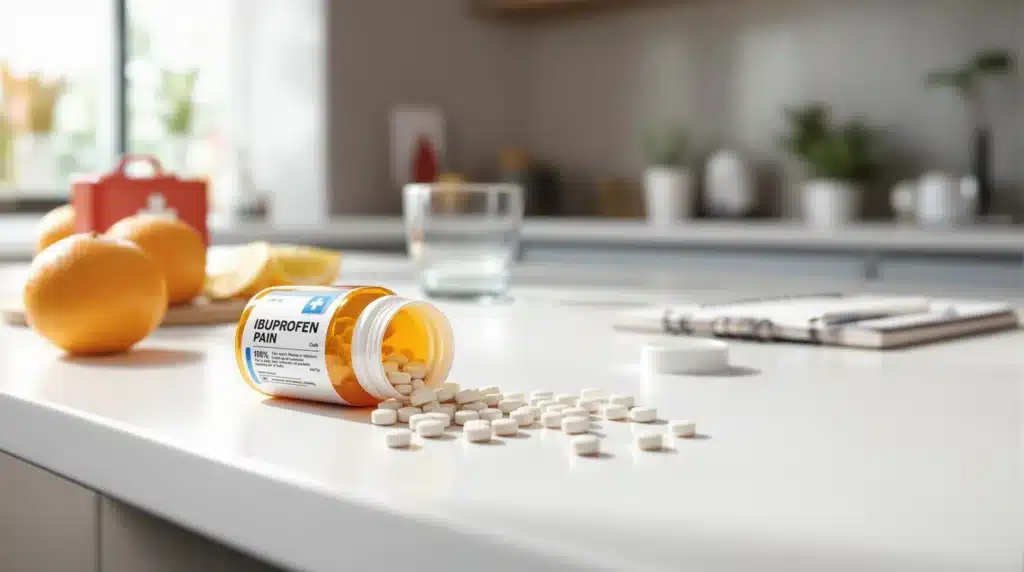 Ibuprofen pain relief tablets spilled on a table with a background of fresh fruits.