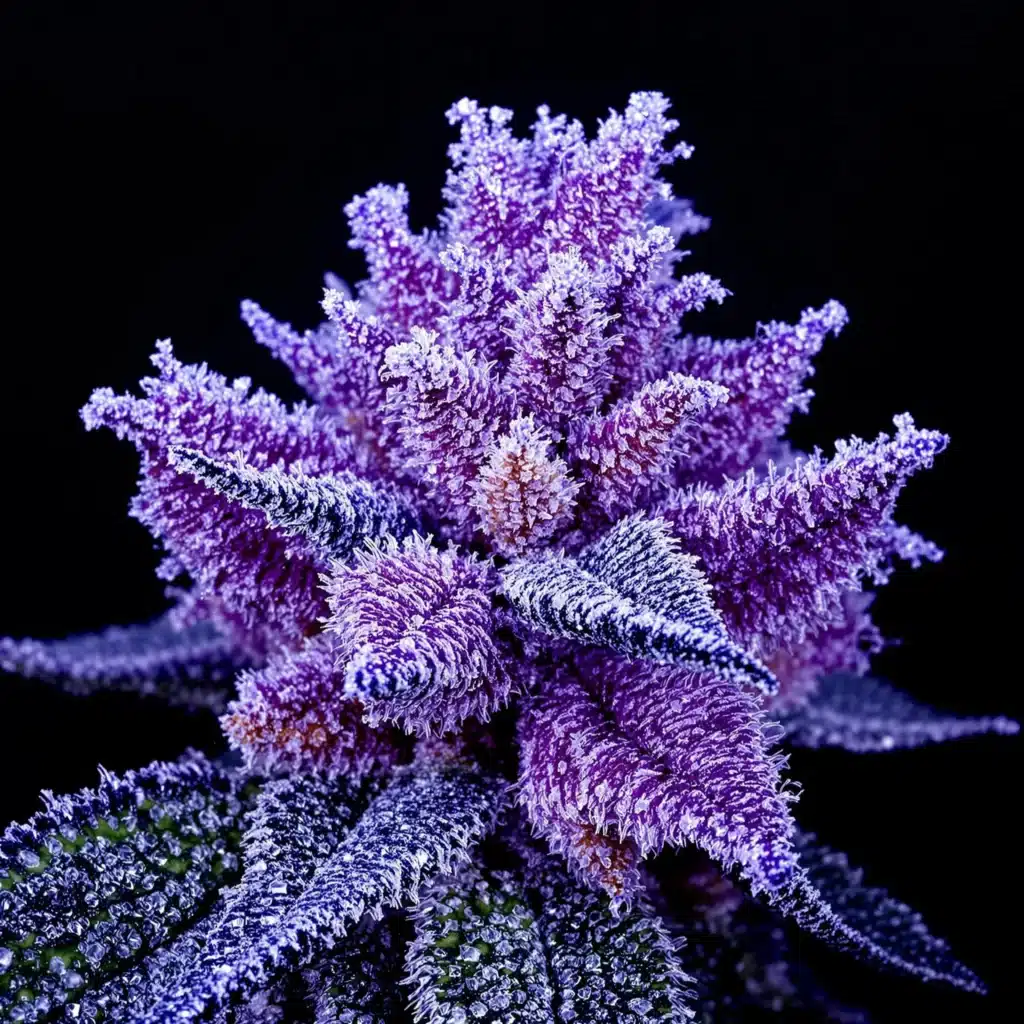Ice water purple buds of Granddaddy Purple showing vibrant purple colors and frosty trichomes.