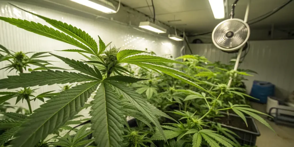 Hyper-realistic close-up of autoflower cannabis plants in an indoor grow room with bright overhead lights and a fan.