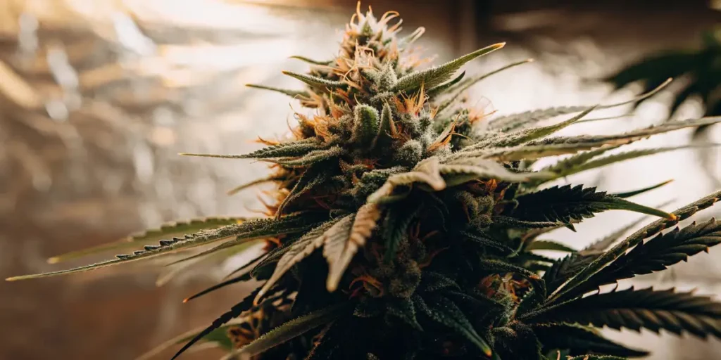 Cannabis bud with frosty trichomes and orange pistils growing indoors under controlled conditions.