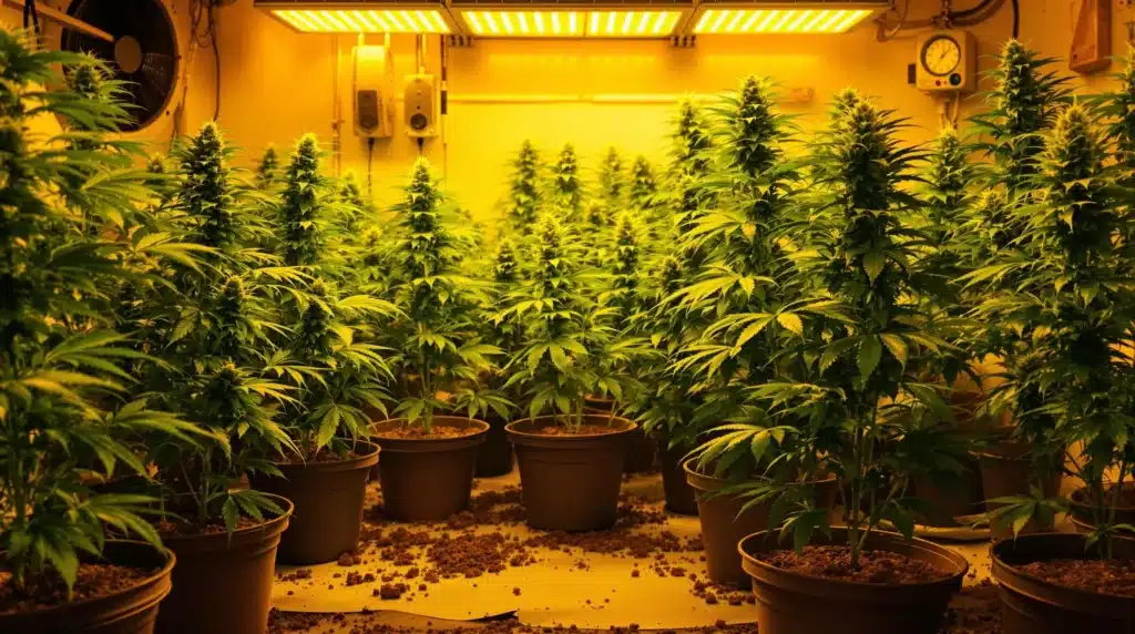 Indoor cannabis grow room with healthy plants under LED lights.