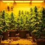 Indoor cannabis grow room with healthy plants under LED lights.