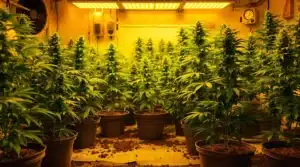 Indoor cannabis grow room with healthy plants under LED lights.