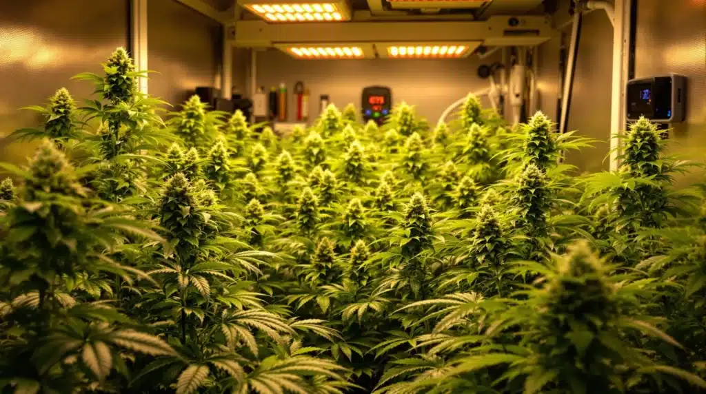 Indoor cannabis cultivation setup with healthy, flowering plants.