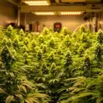 Indoor cannabis cultivation setup with healthy, flowering plants.