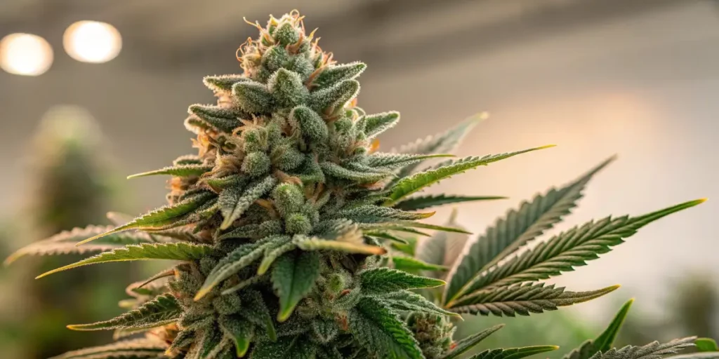 Frosted cannabis buds growing under grow lights in an indoor cultivation room, with healthy green leaves and detailed trichome coverage.