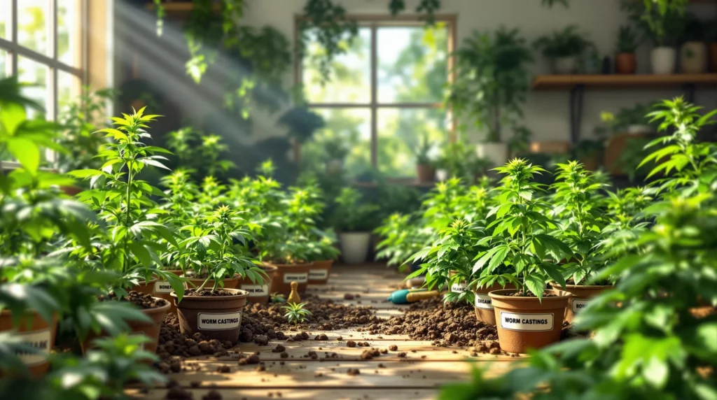 Healthy cannabis plants in pots with organic soil nutrients.
