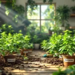 Healthy cannabis plants in pots with organic soil nutrients.
