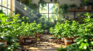 Healthy cannabis plants in pots with organic soil nutrients.