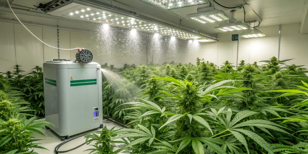 Hyper-realistic indoor cannabis grow room: large industrial humidifier misting rows of lush cannabis plants under bright grow lights.