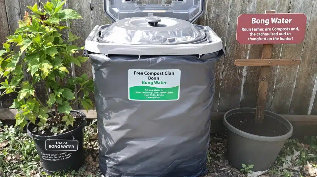 Compost bin and potted plant side by side, illustrating proper composting versus the use of bong water.