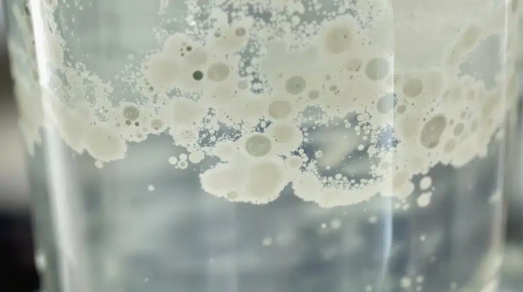 Close-up of murky bong water with visible particles, emphasizing its contaminated appearance.