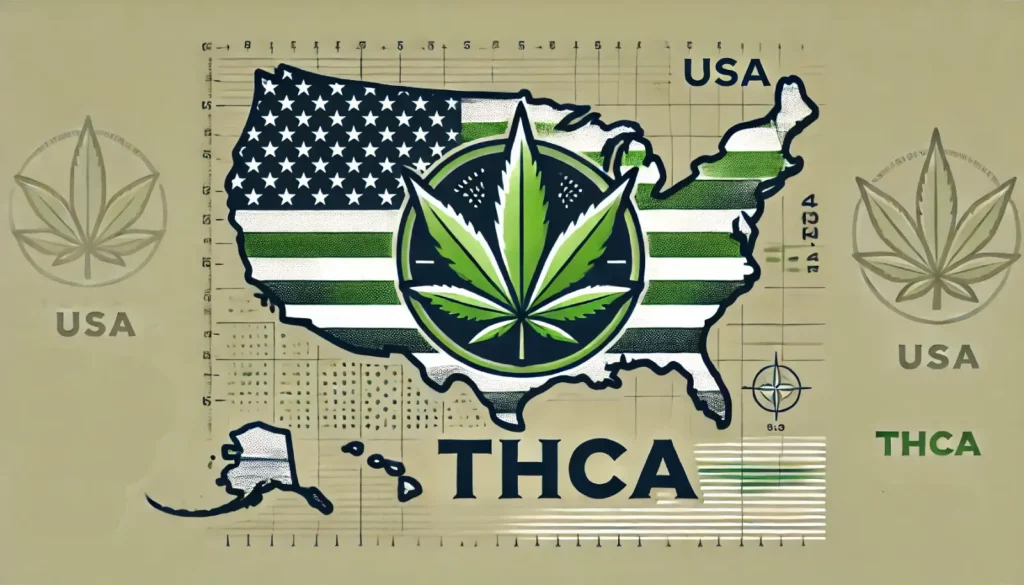 Stylized USA map with cannabis leaf, American flag colors, and THCA text, representing THCA's legal status visually