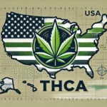 Stylized USA map with cannabis leaf, American flag colors, and THCA text, representing THCA's legal status visually