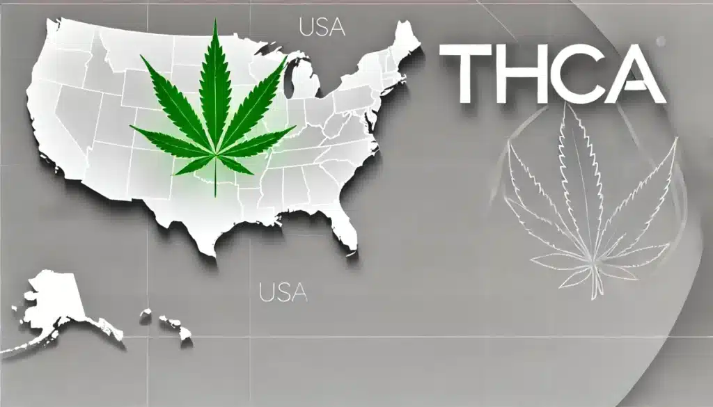 Map of the USA with a cannabis leaf and THCA text, symbolizing THCA legality across the United States
