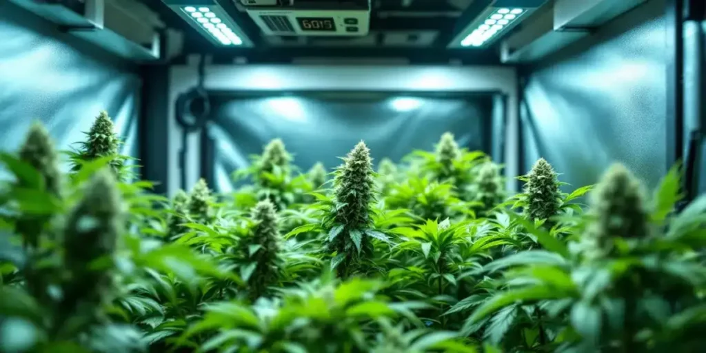 Cannabis plants flourishing under LED grow lights in a controlled environment