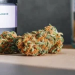 Hyper-realistic close-up of "LAB TESTED PREMIUM THCA FLOWER" buds with orange pistils next to a labeled black container and a glass jar.