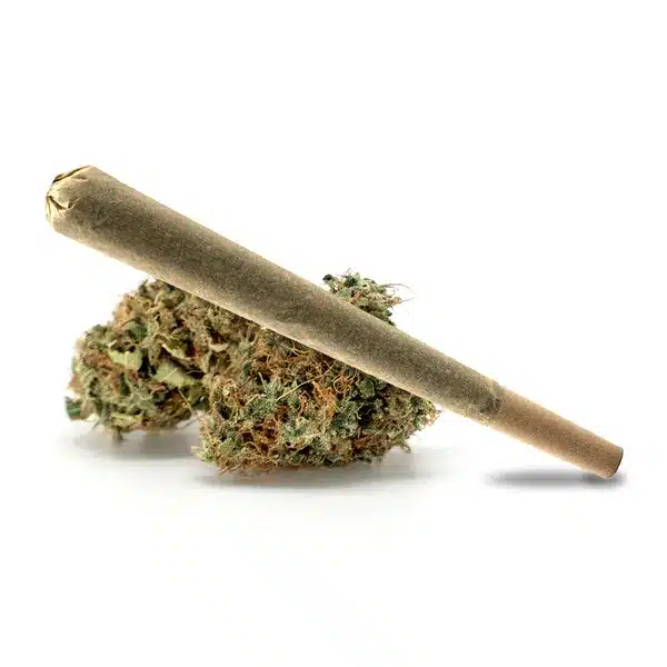 London Pound Cake pre-roll on top of resinous cannabis buds with green and orange highlights.