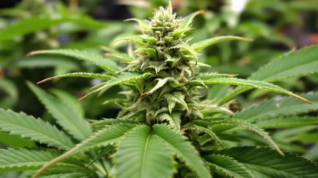 Close-up of curled cannabis leaves with dry edges due to low humidity stress.