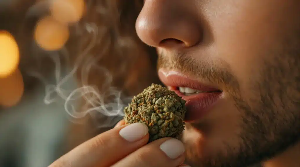 Close-up of a person holding low-quality cannabis bud.