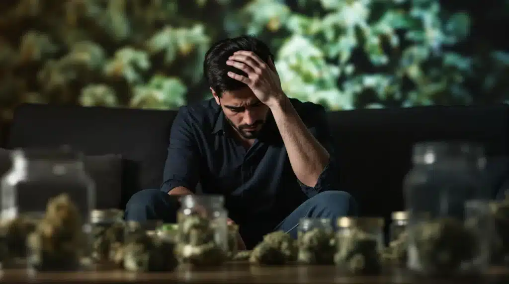 Person holding head in frustration surrounded by low quality weed.