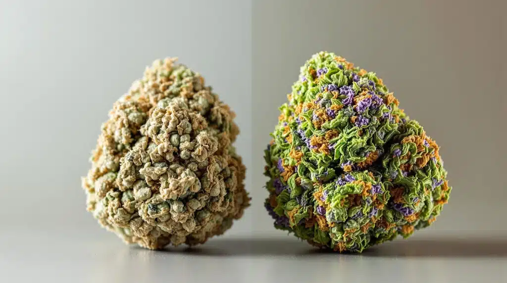 Comparison of low-quality weed bud next to high-quality cannabis.