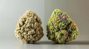 Comparison of low-quality weed bud next to high-quality cannabis.