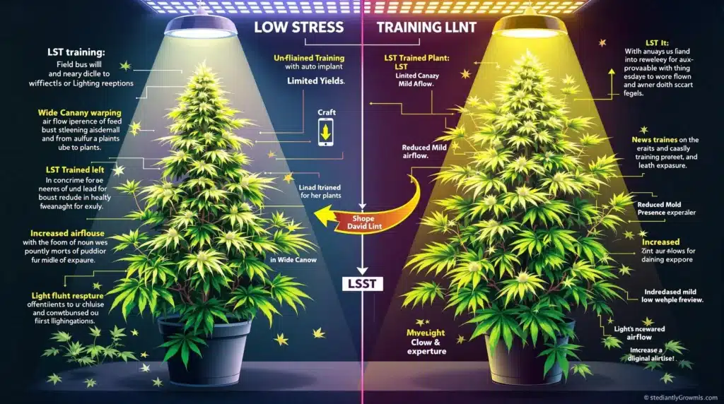 Diagram showing the benefits of low stress training for autoflowers.