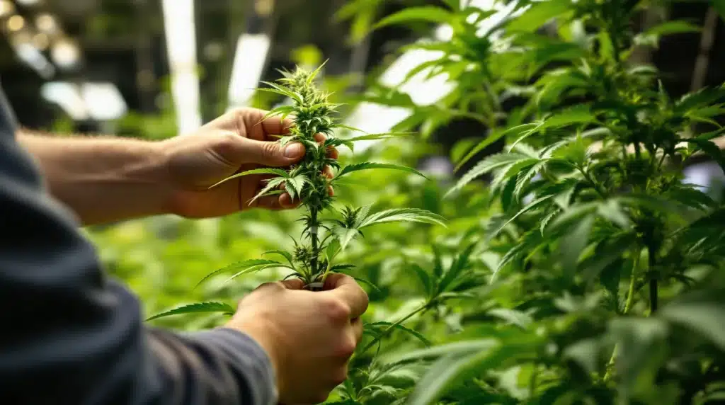 A grower performing low stress training on autoflowering cannabis.