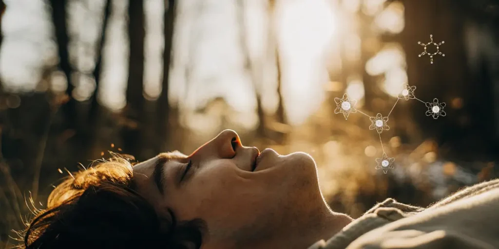 Man by lake, smiling with eyes closed, as cannabis leaves and sparkles float from his mouth.