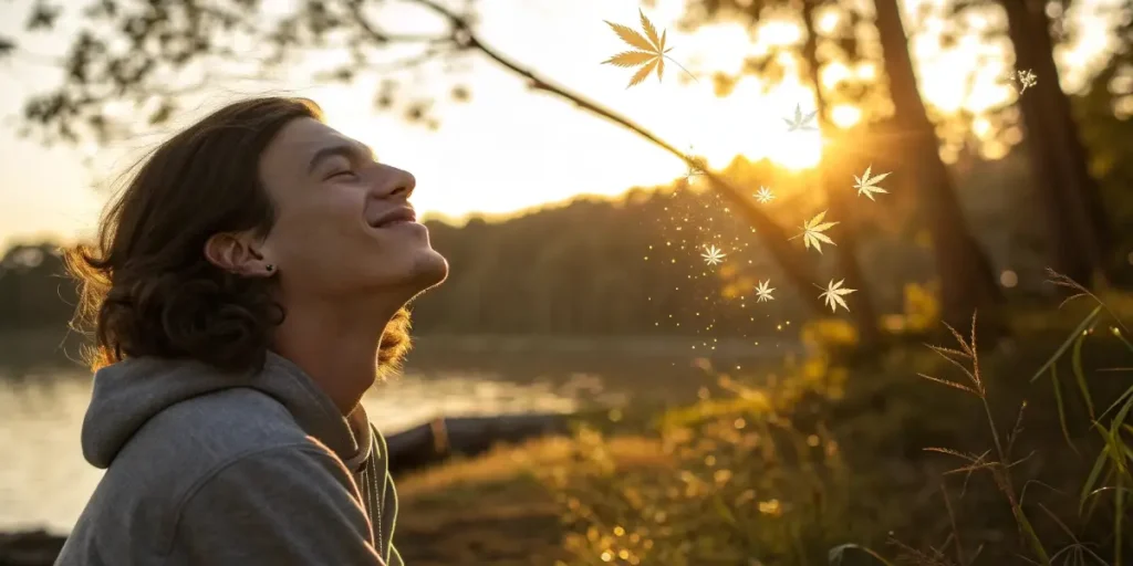 Man lying in forest, smiling with eyes closed, as glowing molecules float above.