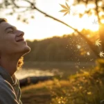 Man lying in forest, smiling with eyes closed, as glowing molecules float above.
