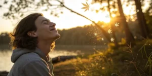 Man lying in forest, smiling with eyes closed, as glowing molecules float above.
