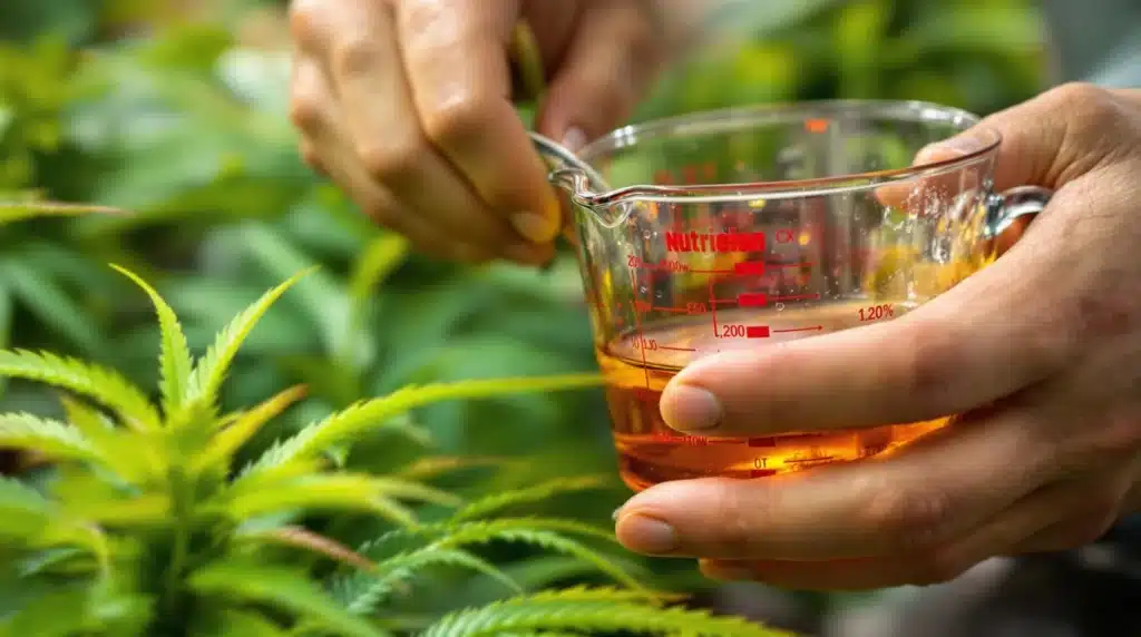 Measuring nutrient solution for cannabis leaves turning yellow with brown spots.