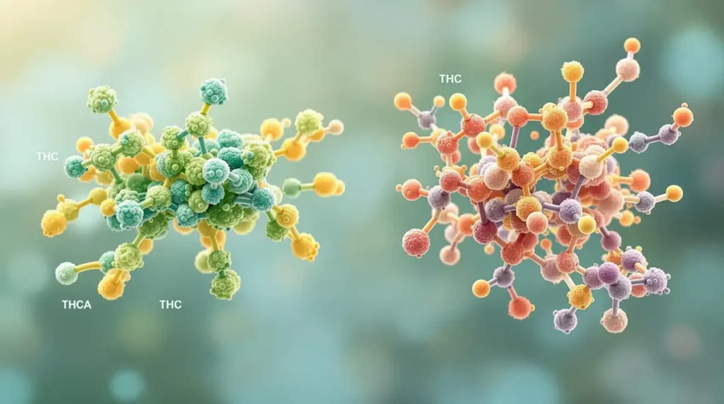 Colorful molecular models of THCA and THC highlighting structural differences on a soft background.