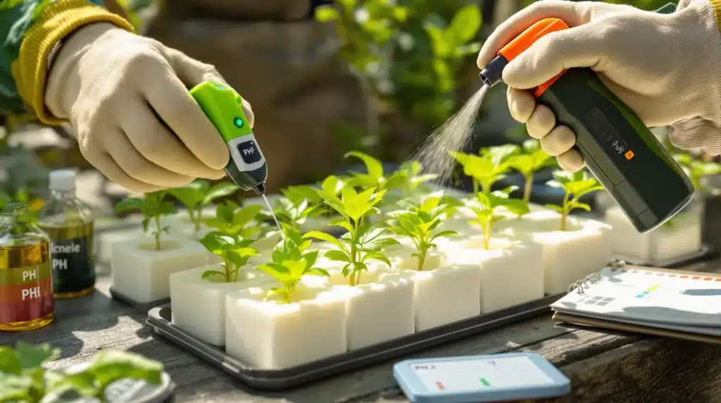 Measuring pH levels and spraying water on cannabis seedlings in rockwool.