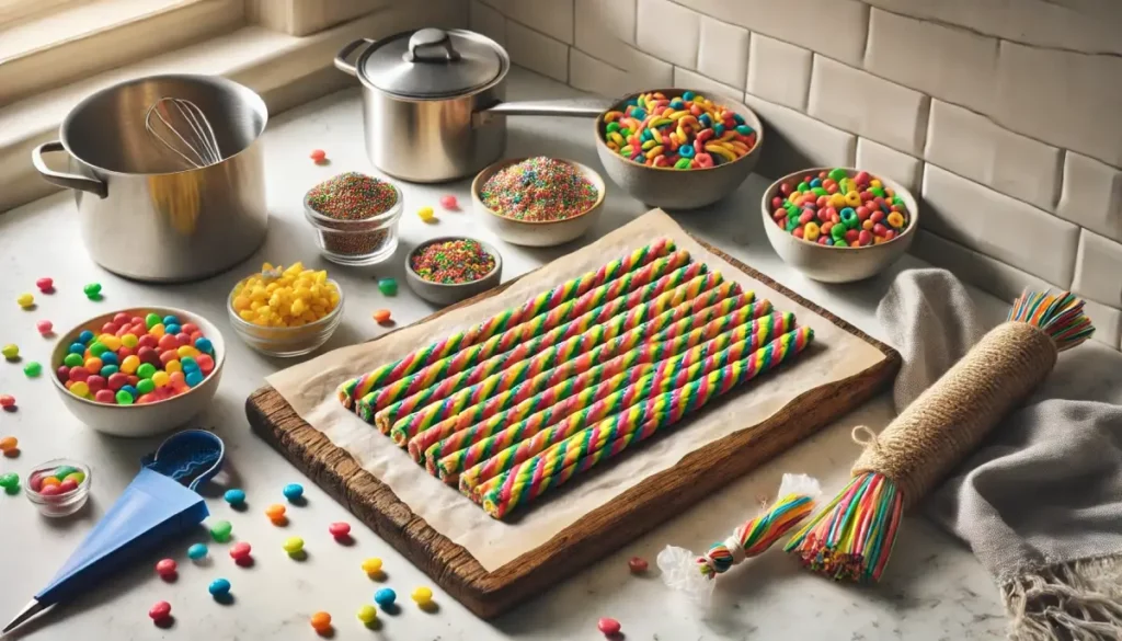 Homemade Nerds Rope edibles on parchment paper surrounded by colorful candies, sprinkles, and cooking tools in a bright kitchen
