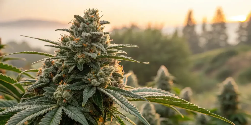 OG Glue cannabis buds illuminated by natural light, showing vibrant colors and thick trichomes.