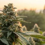 OG Glue cannabis buds illuminated by natural light, showing vibrant colors and thick trichomes.