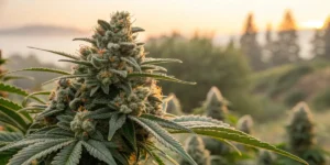 OG Glue cannabis buds illuminated by natural light, showing vibrant colors and thick trichomes.