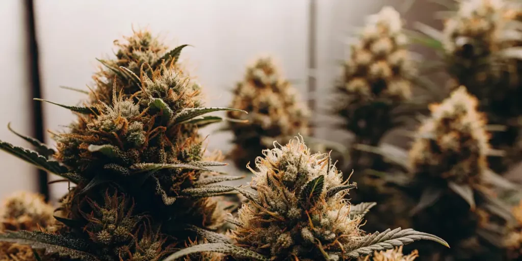 OG Glue cannabis buds with frosty trichomes growing under controlled lighting in a grow room.